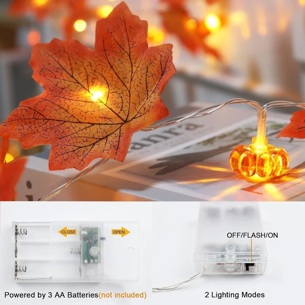 2 Pack Fall Decorations Maple Leaf Pumpkin Lights, Total 20Ft 40 LED Battery Ope